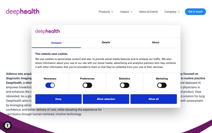 Website van DeepHealth Lung (Veye Lung Nodules)